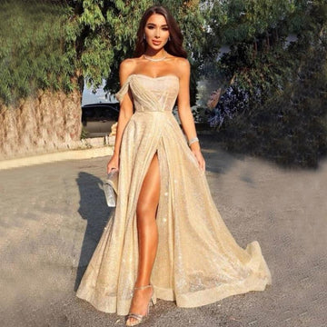 Champagne Gold A-Line Cheap Sequin Elegant Formal Long Prom Dresses HZ1023